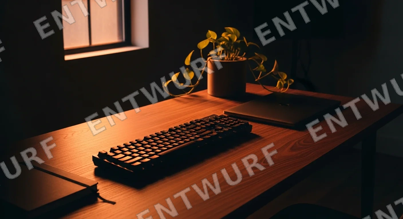 Atmosphärisches Bild aus unserem Workspace — Tastatur und gedämpftes Licht